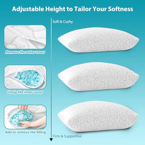 WGAKCED Cooling Pillows for Sleeping 2 Pack, Adjustable Shredded Memory Foam Pillows Queen Size Set of 2, Firm Bed Pillows for Side Back Stomach Hot Sleepers, Cold Pillow with Removable Washable Cover 5