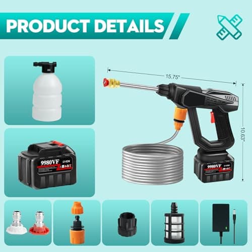 Cordless Power Washer Gun, 18000 mAh Battery Powered Portable Pressure Washer - 500 PSI High Pressure Water Gun for Car, Home & Garden Watering 6