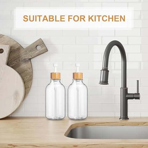 KASUNTING Clear Soap Dispenser, 2 Pack Plastic Dish Soap Dispenser for Kitchen, 17 Fl Oz Bathroom Hand Soap and Lotion Dispensers Set with Bamboo Pump, Refillable Liquid Soap Bottles 7