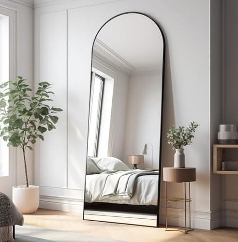 JAWGLOW Arched Full Length Mirror, 64" x 21" Free Standing Floor Mirror, Modern Full Body Mirror with Stand, Wall Mirror with Aluminum Alloy Frame for Bedroom,Living Room, Black
