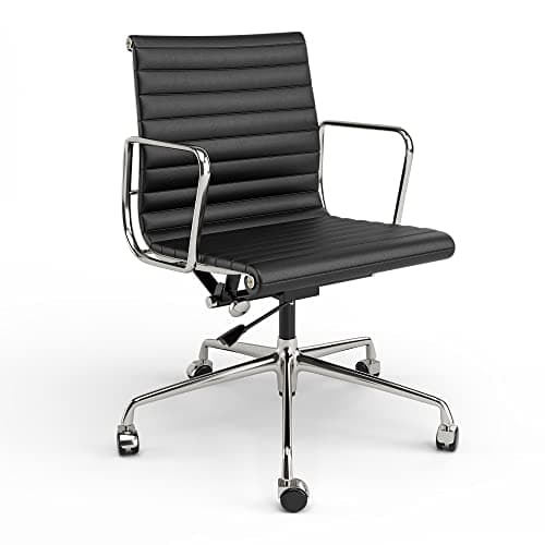 Ribbed Office Chair Black Genuine Leather Office Chair Mid Back Swivel Chairs Ergonomic Computer Desk Chairs with Aluminum Alloy Frame and Silent Wheels 3
