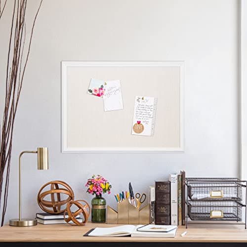 U Brands Bulletin Board, 18 x 24 Inch Linen Fabric Pin Board, Farmhouse White Wood Style Frame, Wall Message Center & Vision Board for Farmhouse Decor, Home Office, Classroom, Includes Push Pins 9