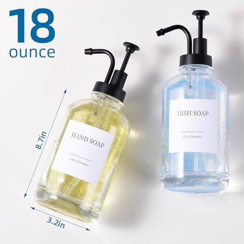 Glass Soap Dispenser with Pump, Dish and Hand Soap Dispenser for Kitchen Bathroom Set, Clear Glass Dispenser Set of 2 Pack with 18 Stickers Funnel Bamboo Tray 500ml 18oz / Each Bottle Sliver Pump 6