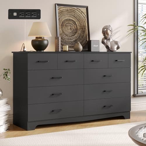 DICTAC Black Dresser for Bedroom with 10 Drawers, Large Chest of Drawers Storage Organizer, Long Dresser TV Stand with Power Outlets, Wide Dressers for Bedroom, Living Room 55.1" W x 32.3" H x 15.8" D
