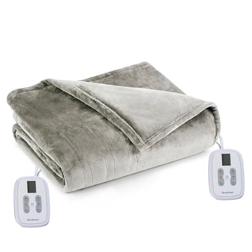 Brookstone Electric Heated Plush Blanket w/ 10 Heat Settings - Adjustable Timer, 12-Hour Auto Shut Off - Machine Washable & Dryer Safe - Polyester Velvet Blanket, King Size - Taupe
