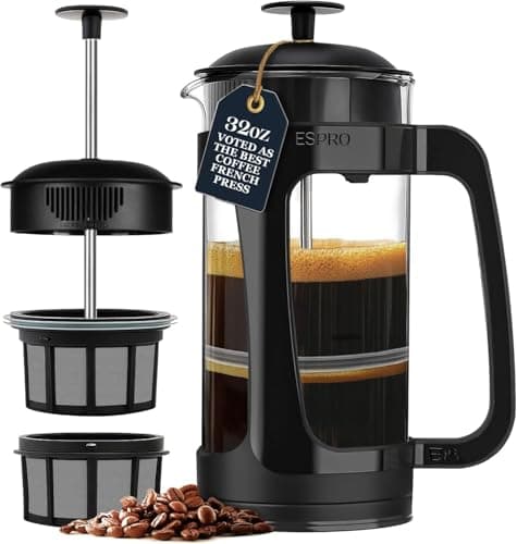 ESPRO P3 French Press Coffee Maker – Patented Double Micro-Filter for Grit-Free Brew, Heat Resistant thicker Borosilicate Glass Coffee press – (32 oz)