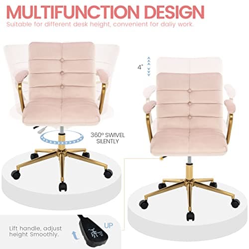MFD LIVING Velvet Home Office Desk Chair, Upholstered Adjustable Swivel Task Chair with Wheels, Tufted Mid-Back Computer Chair with Arms, for Study Living Room Vanity (Pink, Gold Base) 6