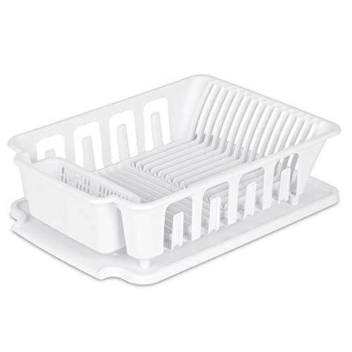 LavoHome Heavy Duty Sturdy Hard Plastic Sink Strainer Set with Dish Rack, Drainer & Drainboard, Easy to Clean with Snap Lock Tab Cup Holders for Home Kitchen Sink Organizers, Large, White