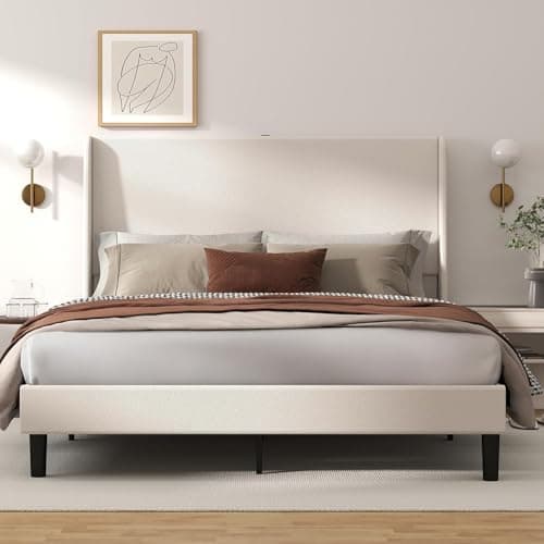 GTRACING Queen Size Bed Frame, Upholstered Platform Bed Frame with USB Type-C Tall Headboard Wingback, Soft Velvet Fabric, No Box Spring Needed, Easy Assembly, Cream