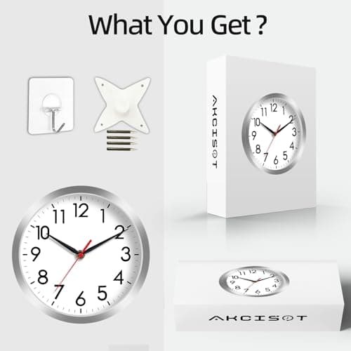AKCISOT Wall Clock, Modern Small Wall Clocks Battery Operated 8 Inch, Silent Non-Ticking Analog Classic for Office, Home, Bathroom, Kitchen, Bedroom, School(Silver) 7