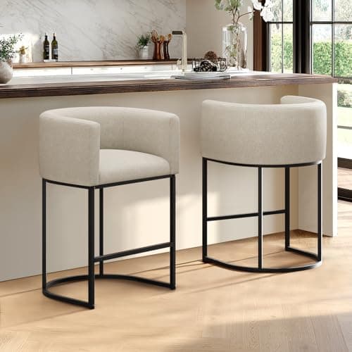 KRAMZMING Counter Height Bar Stools Set of 2, 24 Inch Seat Height Barstools for Dining Room, Fabric Upholstered Bar Chair for Kitchen Island, Linen Counter Stools with Metal Legs, Beige