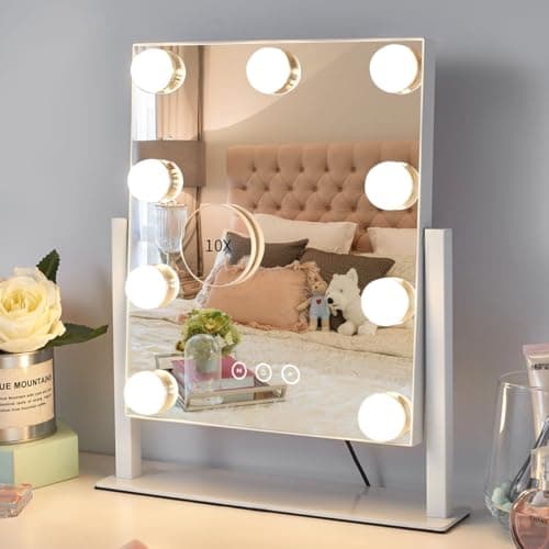 Kotdning Vanity Mirror with Lights,Lighted Vanity Mirror with 9 Dimmable Bulbs for Dressing Room & Bedroom,3 Color Lighting,Modes Detachable 10x Magnification 360°Ratation(White) 12" L x 14.4" W