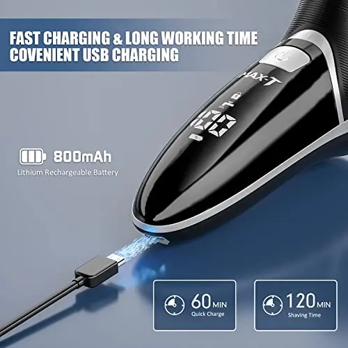 Men's Electric Shaver - MAX-T Corded and Cordless Rechargeable 3D Rotary Shaver Razor for Men with Pop-up Sideburn Trimmer Wet and Dry, IPX7 Waterproof, Plug & Play 7