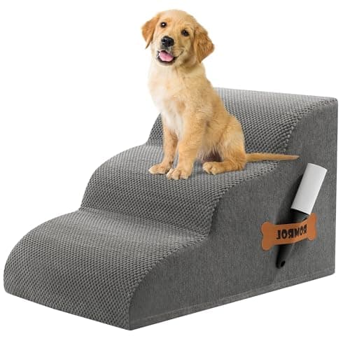 Romrol Dog Stairs Ramp for Small Dogs, 33D Pet Stairs Steps with Durable Non-Slip Waterproof Fabric Cover, Dog Slope Stairs to Bed for Small Dogs and Cats or Pets Joints, 3-Steps