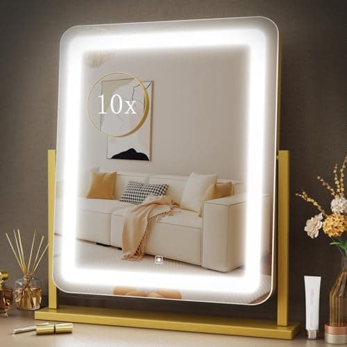 Gvnkvn Lighted Makeup Mirror, Hollywood Vanity Mirror with Lights, Three Color Lighting Modes, and Detachable 10X Magnification Mirror, Smart Touch Control, 360°Rotation (15.2in. Gold)