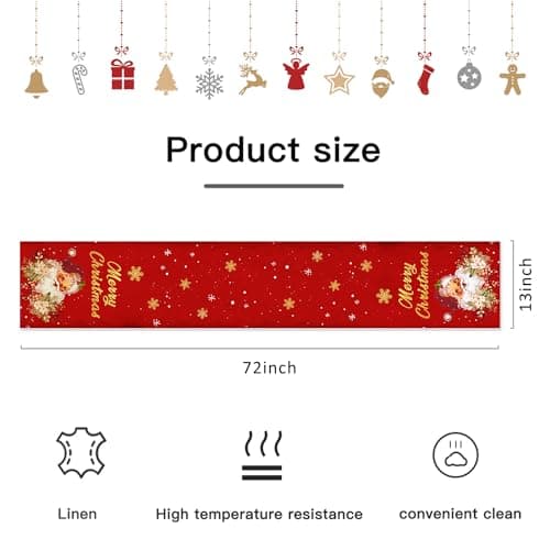Christmas Table Runner Christmas Decorations - Red and Gold Vintage Santa Claus Merry Christmas Snowflake Winter Xmas Home Kitchen Dining Table Decor, Christmas Party Decorations 13 x 72 Inch 2