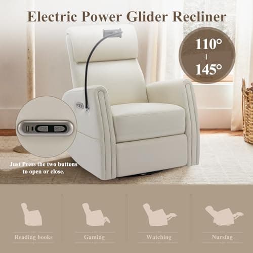 COLAMY 270 Power Swivel Glider Recliner Chair with Removable Mobile & iPad Holders, PU Leather Reclining Rocker with Built-in USB & Type-C Charging Ports for Nursery, Living Room & Office, Beige 6