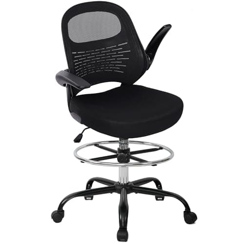 HYLONE Drafting Chair Tall Office Chair with Flip-Up Armrests Ergonomic Computer Chair with Lumbar Support Adjustable Footrest Ring Mesh Standing Desk Chair (Black)
