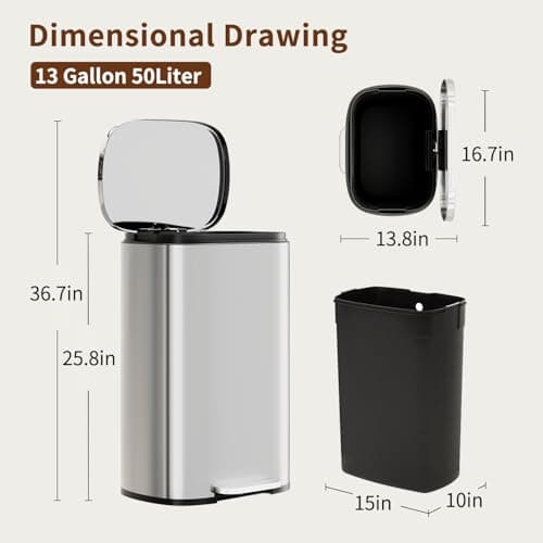 PayLessHere Trash Can with Lid, 13 Gallon (50L) Stainless Steel Kitchen & Office Recycling Bin with Foot Pedal Soft Close & Inner Bucket 7