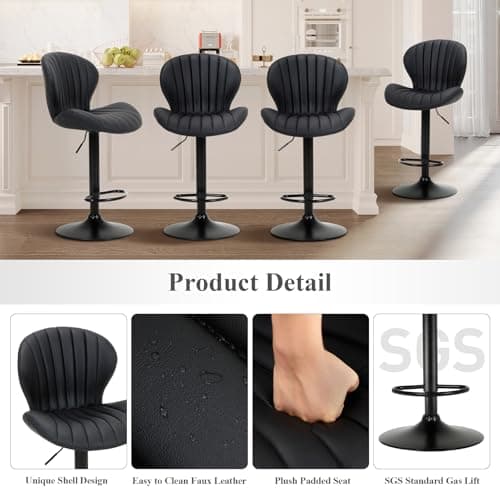 COLAMY Bar Stools Set of 4, Modern Swivel Bar Chairs, Adjustable Faux Leather Upholstered Barstools Counter Height with High Backrest for Bar, Kitchen Island, Dining Room, Black 5