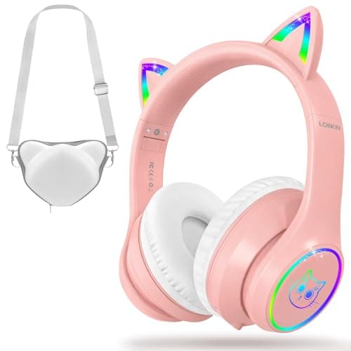 LOBKIN Bluetooth 5.4 Kids Headphones with Case - RGB LED Light Up Cat Ears Foldable Adjustable Over Ear Headphone Support Wireless or 3.5mm Wired Mode for Toddler & Girls & Boys Teens