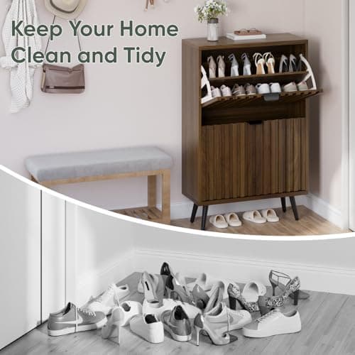 Smuxee Shoe Cabinet with 2 Flip Drawers, 23.6" Walnut Hidden Shoe Storage Cabinet with Fluted Design, Freestanding Shoe Organizer Cabinet for Entryway, Hallway, Closet, Living Room 7