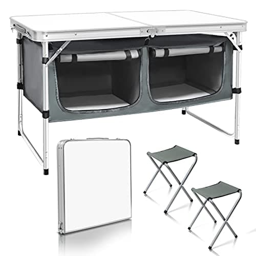YDY+YQY Camping Table with Chairs, Portable Folding Camping Table with Storage and Adjustable Leg, Outdoor Folding Table for Picnic Beach Camp Party BBQ, White and Grey