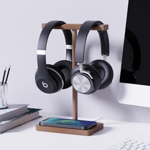 ForTidy Headphone Stand Wood for Desk with Wireless Charger Gaming Headset Stand Holds Dual Universal VR Headset and Smart Watch,Support 15W Fast Charging, Type-C Cord Included (Brown Walnut) 5