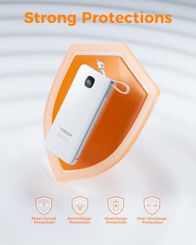 Portable Charger with Built in Cables,TESSAN 10000mAh Power Bank Fast Charging with Foldable Wall Plug Charger, PD20W Compact Battery Pack Travel Essentials for iPhone 17/16/15 Series,Samsung,Tablets 7