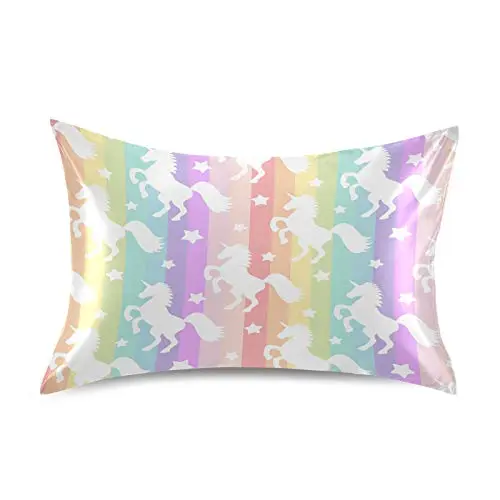 Blueangle Rainbow Unicorn Stripe Satin Pillowcase for Hair and Skin Silk Pillowcase, Standard Size(20x26 inches) - Satin Pillow Covers with Envelope Closure