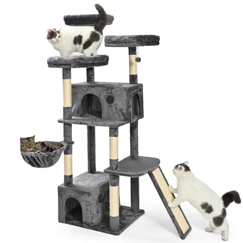 Amazon Basics Large Cat Tree Tower, Multi-Level Activity Center with 2 Large Condos, Multiple Sisal Scratching Posts and Hanging Pompoms, Gray, 68 Inches