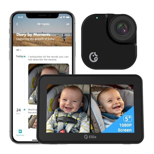Ellie Baby Car Monitor, 2K UHD Backseat Camera with AI Face Tracking, Dual Screen Display for 2 Kids, Smart Video Capture & App Control, Offline Privacy Protection (Black)