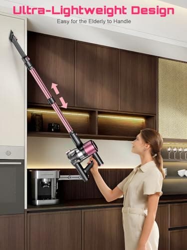 Cordless Vacuum Cleaner, 10 in 1 Stick Vacuum with Powerful Suction, Hose, Green LED Light, Anti-Tangle Brush, Lightweight Rechargeable Vacuum Cleaner for Home, Hardwood Floors, Carpets, Pet Hair,Pink 9