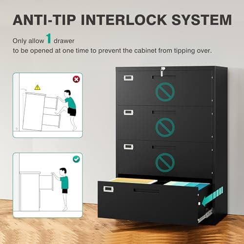 SISESOL 4 Drawer Lateral File Cabinet with Lock,Black Lateral Filing Cabinet,Horizontal Metal Filing Cabinet,Locked Wide Four Drawer File Cabinet for Office Home,Fit A4/F4/Letter/Legal File 7