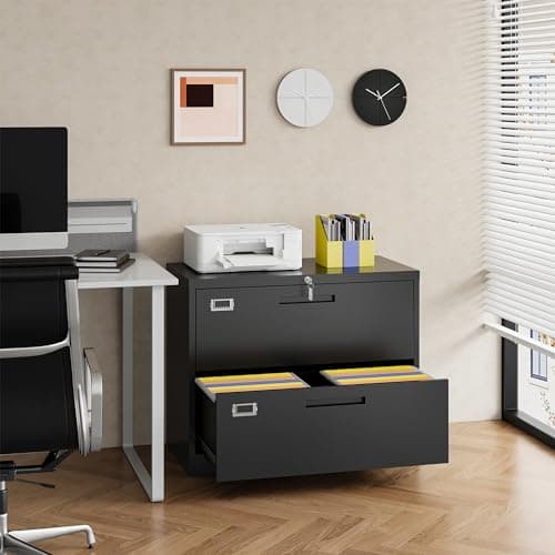 Lateral File Cabinet with Lock 2 Drawer Metal Filing Cabinet, Lateral Filing Cabinet with Lock for Home Office, Locking Metal Steel Wide File for Legal/Letter A4 Size Black 2
