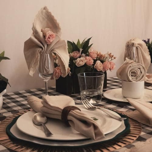 FINGERCRAFT Dinner Cloth Napkin Cotton Linen 12 Pack Vintage Rustic Premium Quality Mitered Corners Napkin Cloth with Elegant Lace for Everyday Use, Pre Shrunk and Good Absorbency 20x20 in Ivory 5