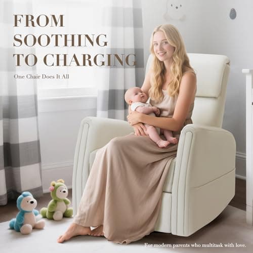 COLAMY Power Recliner Chair Swivel Glider Rocker for Nursery, Upholstered Faux Leather Living Room Rocking Reclining Single Sofa Chair with 2 Device Holders, Beige 9