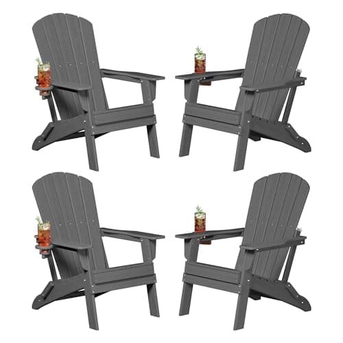 Plawdlik Folding Adirondack Chair, SGS Tested, Wooden Textured with Cup Holder, Heavy All-Weather HDPE Comfortable Set Poolside Backyard Lawn Grey Set 4