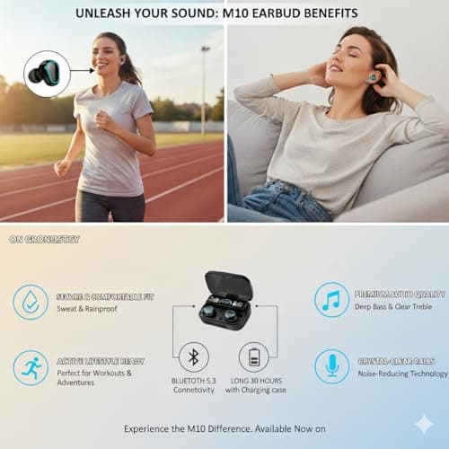 M10 TWS Wireless Earbuds, Bluetooth Earphone with Charging Box, Touch Control, LED Sports Stereo Earbuds, Built-in Mic, Immersive HD Sound, Compatible with iPhone, Samsung, Android, Black 5