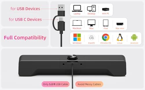 Computer Speakers Soundbar for Desktop PC Mac, USB Plug-in, Wired, External Speakers for Laptop Desk Monitor, RGB Gaming Sound bar with HD Stereo Loud Sound, Punchy Bass, Volume Knob, USB C Adapter 5