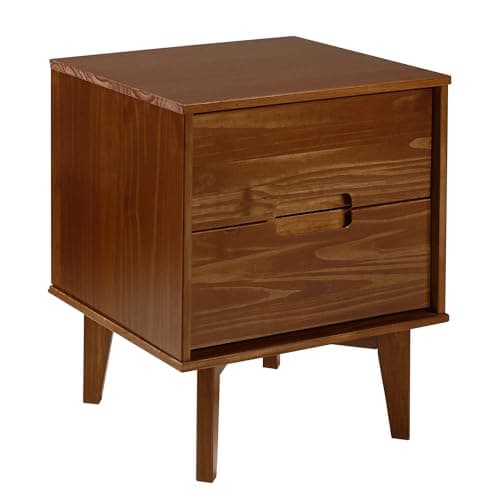 Walker Edison Mid Century Modern Grooved Handle Wood Nightstand Side Table Bedroom Storage Drawer and Shelf Bedside End Table, 2 Drawer, Walnut