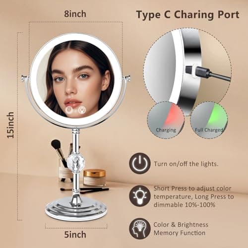 Fursourige Lighted Makeup Mirror,4000mAh Rechargeable Double Sided Magnifying Mirror 1x/10x with 3 Colors Stepless Dimming, 360° Rotation Vanity Mirror with Lights, Memory Function,Women Gift 5