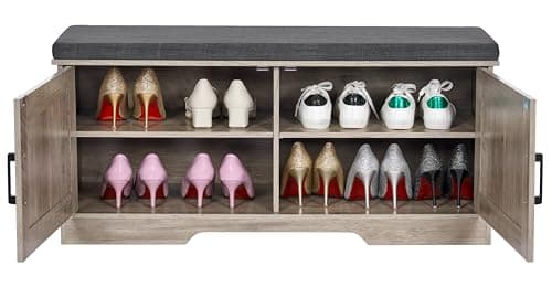 HOMSHO 2-Tier Storage Bench, 39.4" Wide Shoe Bench with Padded Seat Cushion, Entryway Bench with 2 Barn Doors and Adjustable Shelf, Greige 5