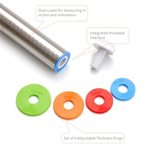 Rolling Pin with Thickness Rings, Fulimax 17" Adjustable Stainless Steel Rolling Pins for Baking, Dough Roller for Fondant Pizza, Pie, Pasta, Cookies, Cakes, Kitchen Baking Supplies 5