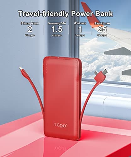 TG90° Portable Charger 10000mah Cell Phone Battery Backup, Ultra Slim Power Bank with Built in Cables(No AC Plug), Portable Phone Charger Battery Packs Compatible with iPhone Android Phones 6