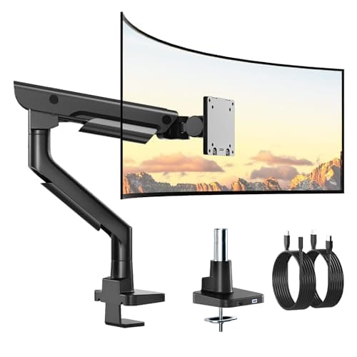 monTEK Sleek Aluminum Monitor Arm for 17–57” Ultrawide Screens up to 59.4 lbs, USB 3.0 A/C, Heavy Duty Single Monitor Arm Desk Mount, Pneumatic Lift, Quick-Release Plate, Clamp/Grommet, VESA 100x100