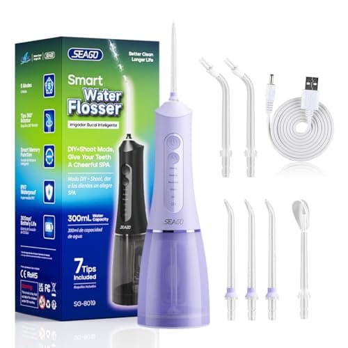 SEAGO Water Dental Flosser Cordless for Teeth, 5 Modes and 7 Nozzles, Dental Water Flosser 300mL, DIY Mode Memory Function, IPX7 Waterproof Dental Flosser, SG8019 Purple