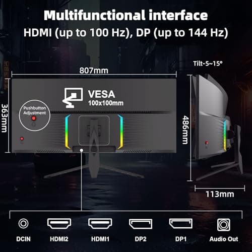 34 Inch Curved Gaming Monitor, (3440x1440) 165Hz Ultrawide Computer Monitor, AMD FreeSync, 1500R, HDR, 125% sRGB, DCI-P3 92%, HDMI/DP and Built-in Speaker, VESA 100 x 100mm " 7