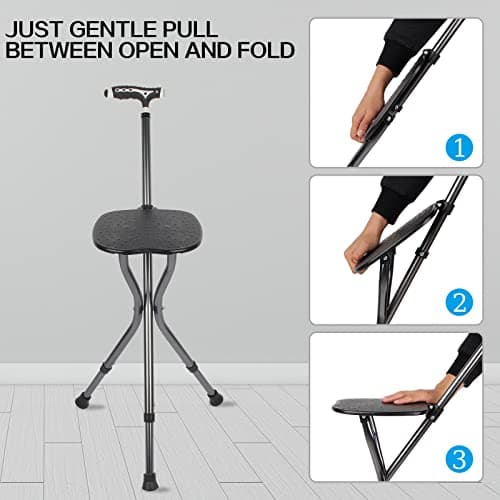 Yayayo Hold 440 lbs Folding Canes with Seat Walking Stick Height Adjustment Cane Seat Capacity Frosted Handle with Magnetic Therapy Stone Crutches Stool (Square LED) 7
