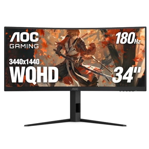 AOC CU34G4V 34" Frameless Curved Ultrawide Gaming Monitor, WQHD 3440 x 1440 1500R, 180Hz 0.5ms MPRT, Display Port x 1, HDMI x 1, AMD FreeSync Premium, Height Adjustable, 3-Year Zero-Bright-dot, Black